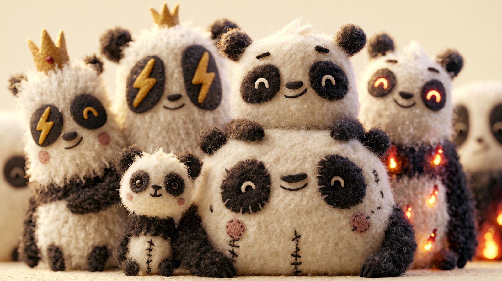 A crowd of felted plush pandas, one crowned, one glowing with embers, one tiny cub